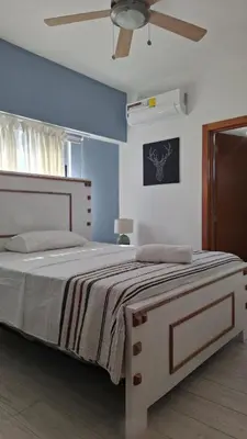 a bedroom with a bed with a ceiling fan at Two-Bedroom Apartment in Santo Domingo in Santo Domingo