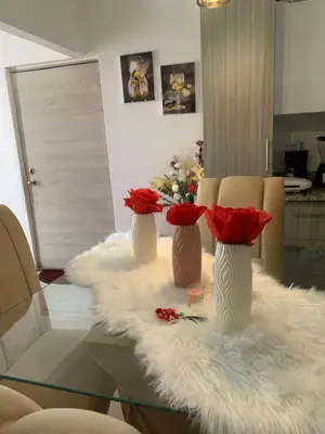 two vases with red roses in them on a table at Cómodo y acogedor in Los Paredones