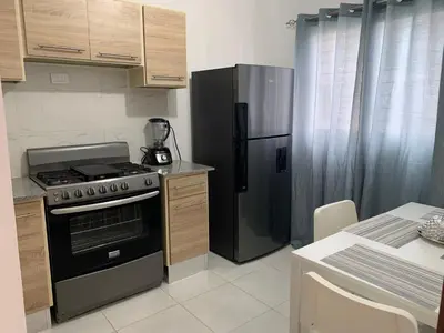 a kitchen with a stove and a refrigerator at Juan Bosch apartament in Santo Domingo