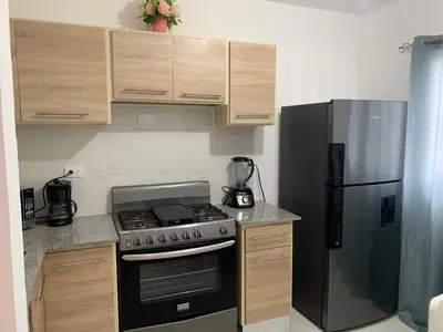 a kitchen with a stove and a refrigerator at Juan Bosch apartament in Santo Domingo