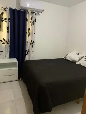 a bedroom with a bed with a black blanket and a window at Juan Bosch apartament in Santo Domingo