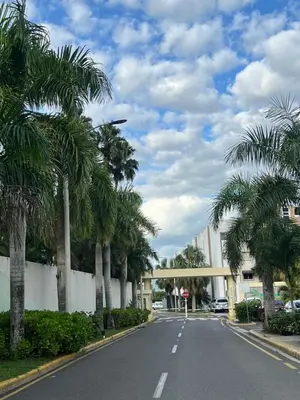 an empty street with palm trees and a bridge at Apartamento amueblado in Arenoso