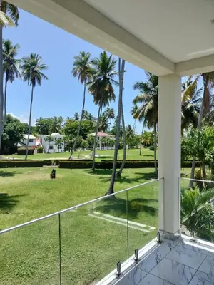 a view from the balcony of a house with palm trees at Vacacional Laas Pascualas in Sánchez