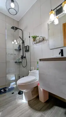 a bathroom with a toilet and a sink and a shower at Mountain View Penthouse Condo in Muñoz