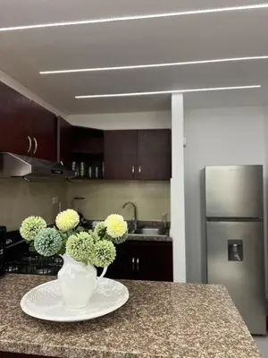 a vase of flowers on a counter in a kitchen at Apartamento O3 Palma Real in Santiago de los Caballeros