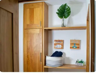 a wooden cabinet with a potted plant on a shelf at Exclusive Luxury Apartment with Pool in Santiago de los Caballeros