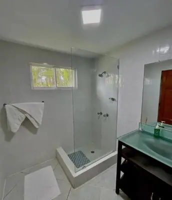 a bathroom with a shower with a glass door at Hotel Appartements Hummingbird CABARETE in Cabarete