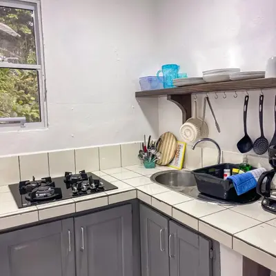 a kitchen counter with a stove and a sink at Hotel Appartements Hummingbird CABARETE in Cabarete