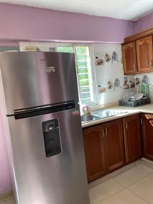 a stainless steel refrigerator in a kitchen with a sink at Brisa de mar BOCA CHICA, in Boca Chica