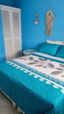 a blue bedroom with a bed with a blue wall at Caribe Home Dominicus Ginepro 3 in La Laguna