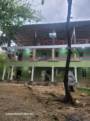 a green building with a tree in front of it at Rancho Salto Yanigua in El Valle