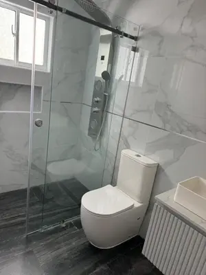 a white bathroom with a toilet and a shower at Torre DOÑA EVA in Santo Domingo