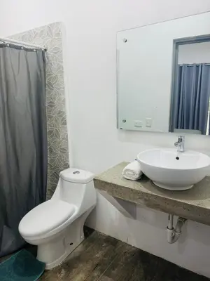 a bathroom with a white toilet and a sink at El patio de Lucia, center 4 people Las Terrenas in Las Terrenas