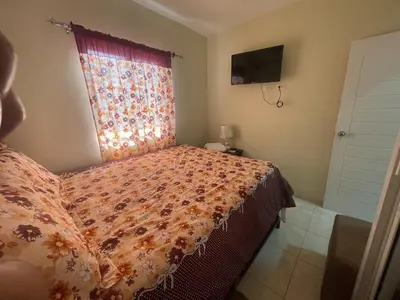 a bedroom with a bed with a curtain and a window at Furnished apartment available in La Romana
