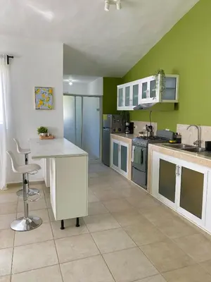 a kitchen with green walls and a white counter top at Kassuky Home in Cabarete