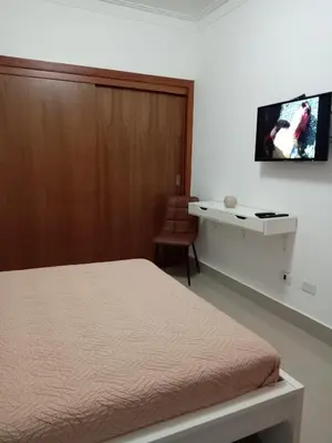 a bedroom with a bed and a desk and a tv at Céntrico y acogedor apartamento en Bella Vista in Santo Domingo