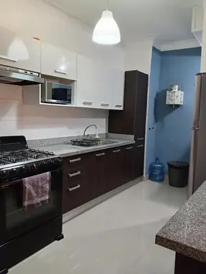 a kitchen with white cabinets and a stove top oven at Céntrico y acogedor apartamento en Bella Vista in Santo Domingo