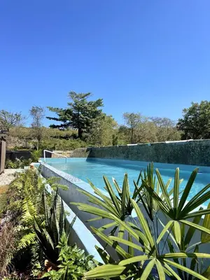 a swimming pool with blue water and plants at Habitacion 4 en Dani's Guest House in Las Galeras