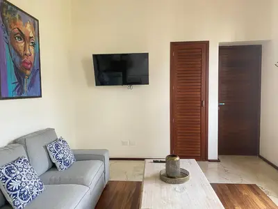 a living room with a couch and a tv at Boutique Hotel Casa Grande, Divas Suite in Santo Domingo