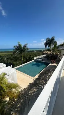 a swimming pool on a balcony with palm trees at Villa Blanca, Las Terrenas, 4 chambres in Las Terrenas