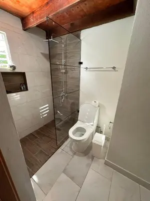 a bathroom with a toilet and a glass shower at Two levels Las Terrenas near to beaches in Las Terrenas