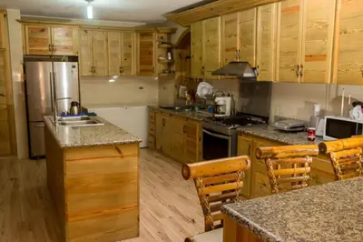 a kitchen with wooden cabinets and stainless steel appliances at Spectacular Country Villa in Pedro Brand