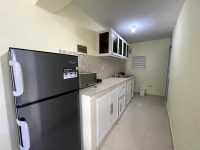 a kitchen with a black refrigerator and white cabinets at Apartamento Costero 1 en Las Galeras in Las Galeras