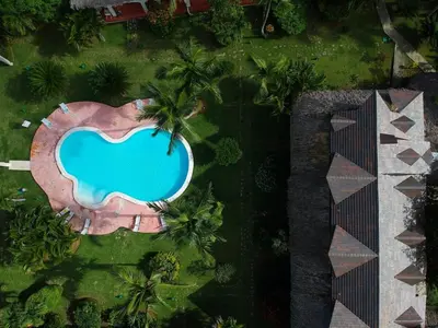 an overhead view of a swimming pool with palm trees at Lovely Beach Apartment in Tranquil Playa Bonita in Las Terrenas