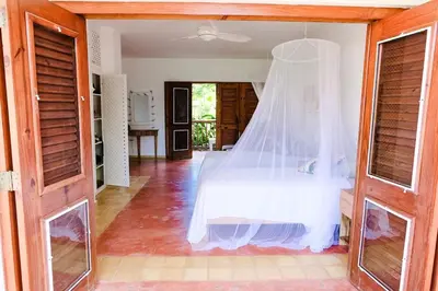 a bedroom with a bed with a mosquito net at Lovely Beach Apartment in Tranquil Playa Bonita in Las Terrenas