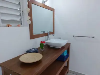 a bathroom with a sink and a mirror on a wooden counter at Canela House 3BR Near to the beach in Las Terrenas