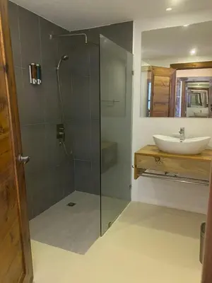 a bathroom with a glass shower and a sink at Kainos Tropical Boutique Hotel in Las Terrenas