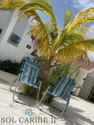 two blue chairs sitting next to a palm tree at Bright & Airy Apartment in Bayahibe