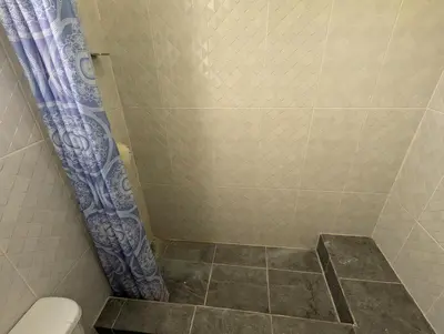 a shower with a blue shower curtain next to a toilet at Buenos Aires Apartments in Río San Juan