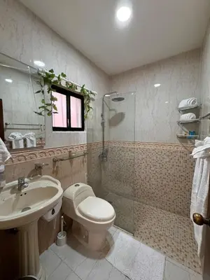 a bathroom with a toilet and a shower and a sink at Villa BayRum in San Felipe de Puerto Plata