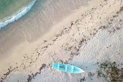 a blue surfboard sitting on a beach next to the ocean at JAVO BEACH the Nest in Las Galeras