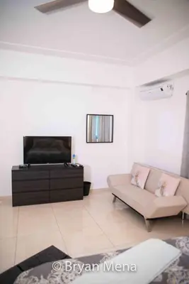 a living room with a couch and a flat screen tv at Eclectic gorgeous, modern 3 levels penthouse in Santo Domingo