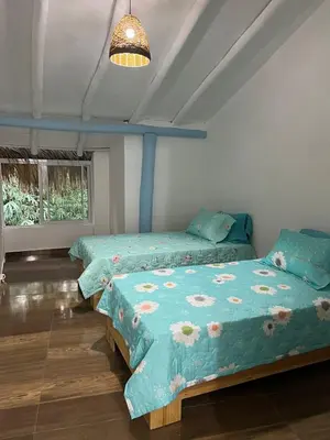 a bedroom with two beds and a chandelier at The Coco Garden Cabin in Las Galeras