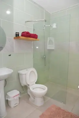 a bathroom with a toilet and a glass shower at HERMOS APARTAMENTo in Santiago de los Caballeros