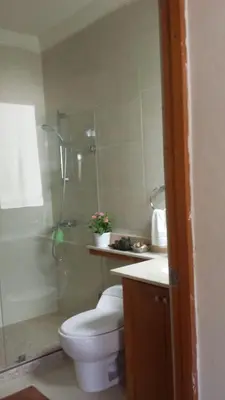 a bathroom with a toilet and a shower and a sink at Luxury Apartment close to centre of Jarabacoa in Jarabacoa