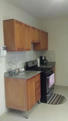 a kitchen with wooden cabinets and a stove top oven at Luxury Apartment close to centre of Jarabacoa in Jarabacoa