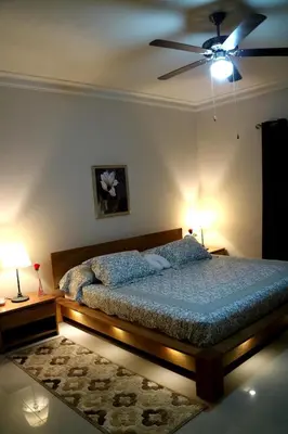 a bedroom with a bed and a ceiling fan at Luxury Apartment close to centre of Jarabacoa in Jarabacoa
