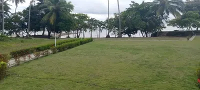 a large grass field with palm trees and the ocean at villas bahia in Sánchez