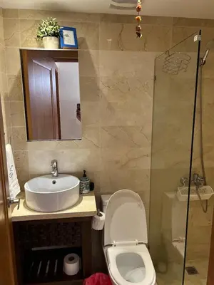 a bathroom with a toilet and a sink and a shower at Beautiful apartment in Playa Dorada in San Felipe de Puerto Plata
