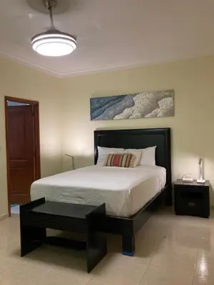 a bedroom with a large bed with a black frame at Residencial Don Pedro 1103 in Santo Domingo