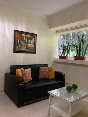 a living room with a black couch and a table at Residencial Don Pedro 1103 in Santo Domingo