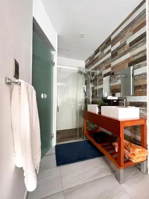 a bathroom with a sink and a shower at Comodo departamento centrico SD in Santo Domingo