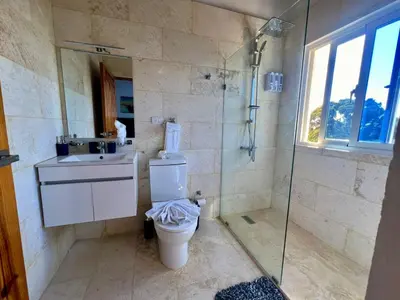 a bathroom with a toilet and a sink and a shower at Sosua Residence by CJDR in Sosúa