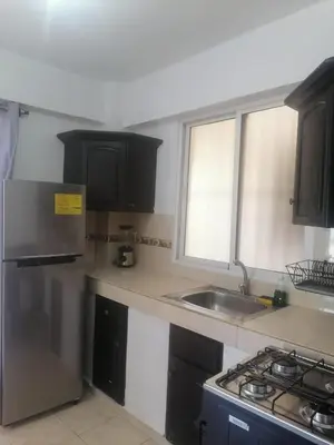 a kitchen with a sink and a stove top oven at Tu espacio en zona colonial in Santo Domingo