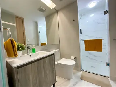 a bathroom with a sink and a toilet and a shower at Comfortable Central Apartment in Santo Domingo