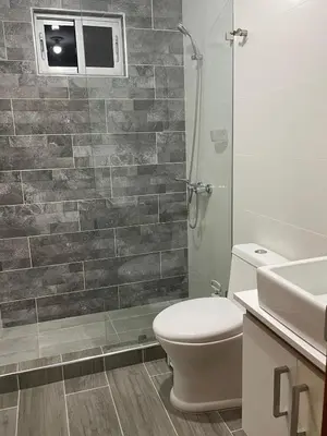a bathroom with a toilet and a shower at Modern Apt in Santiago w Pool, 3 Bedrooms, Air conditioner in Santiago de los Caballeros